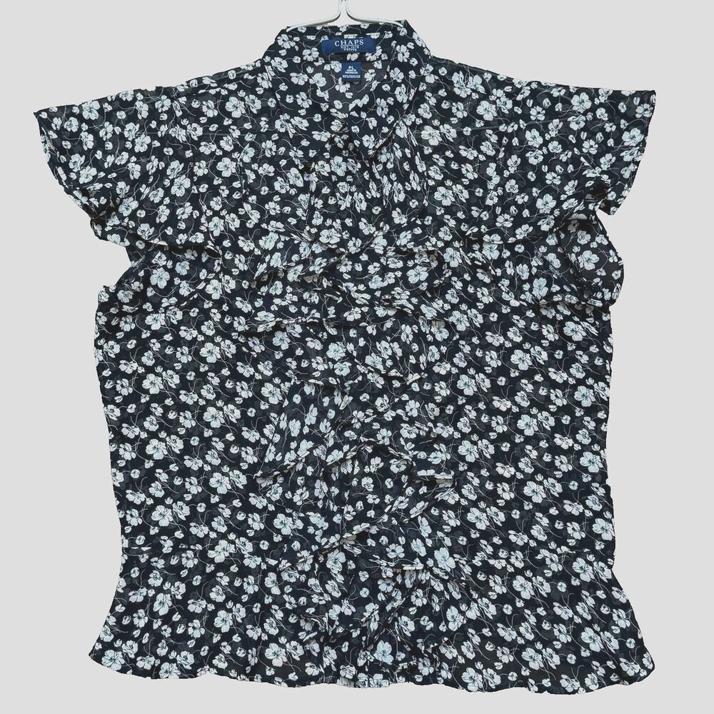 CHAPS Women’s PL Ruffle Blue Pink White Flower Blouse Top Flowy Petite Large